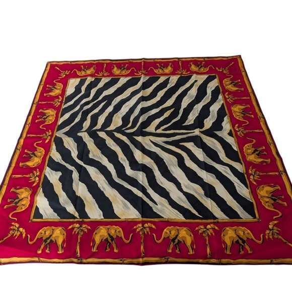 Jim Thompson 100% Silk Scarf Black Red Elephant Zebra Stripe Lightweight Square - Picture 1 of 10